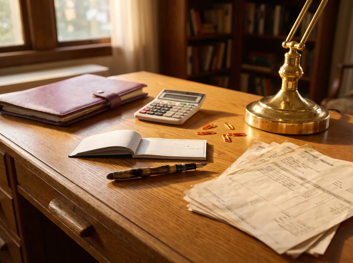 Illustration : factures, calculatrice et carnet de chèques sur un bureau
